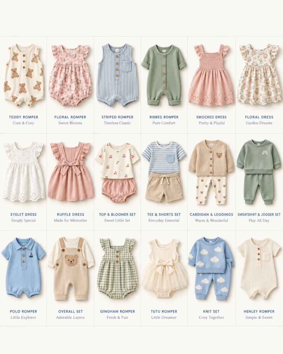 Baby romper, dress, and matching outfit collection