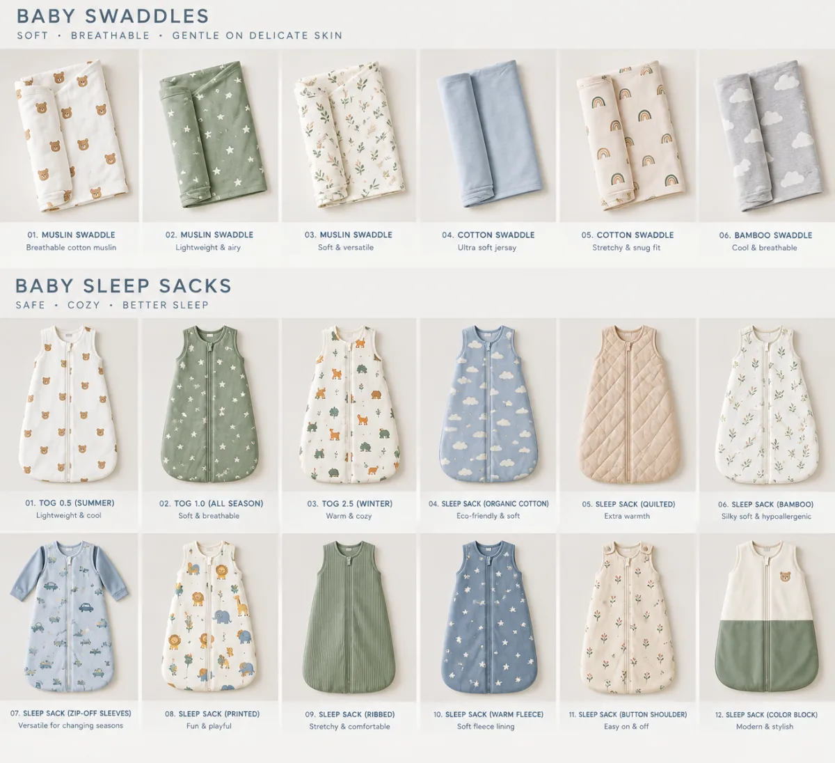 Baby swaddle and sleep sack collection