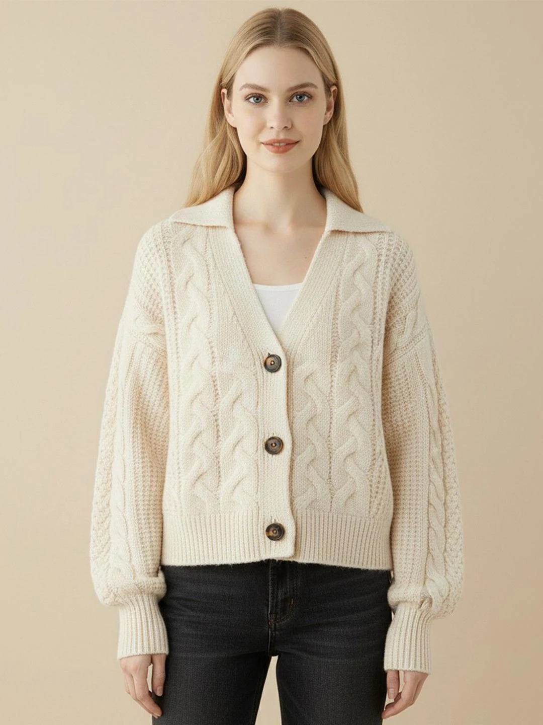 Ladies cream cable-knit cardigan