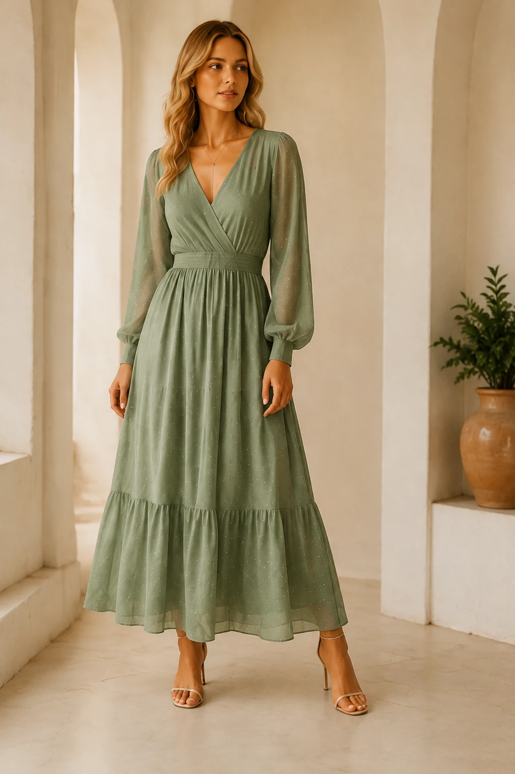 Ladies green tiered midi dress