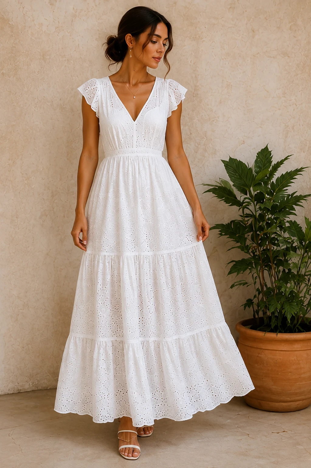 Ladies white broderie midi dress