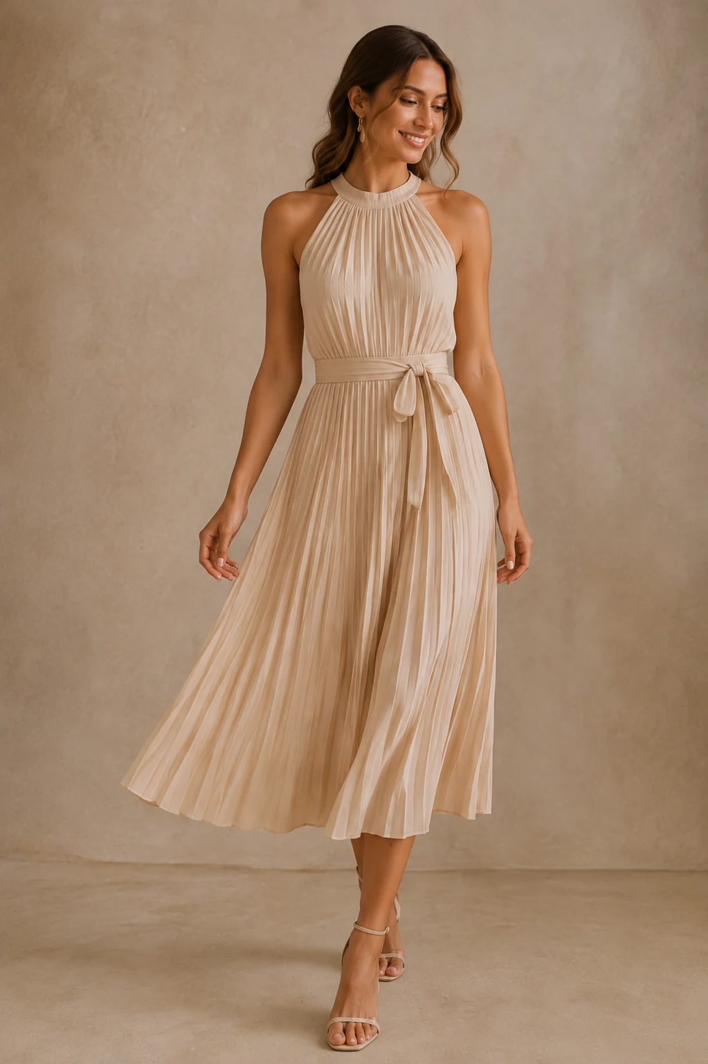 Ladies blush pleated midi dress