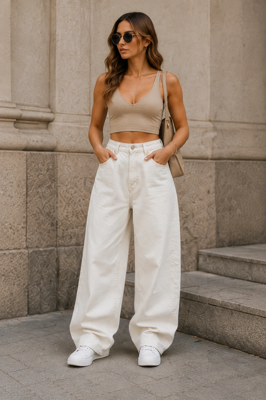 Ladies ecru wide-leg jeans