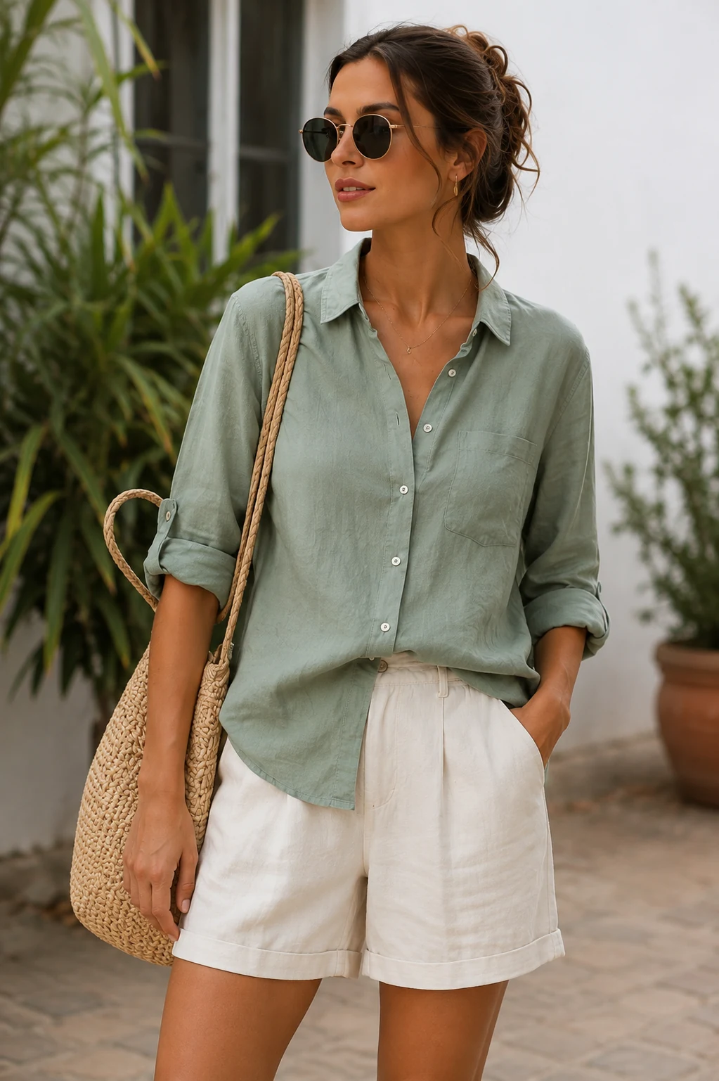 Ladies sage short-sleeve shirt