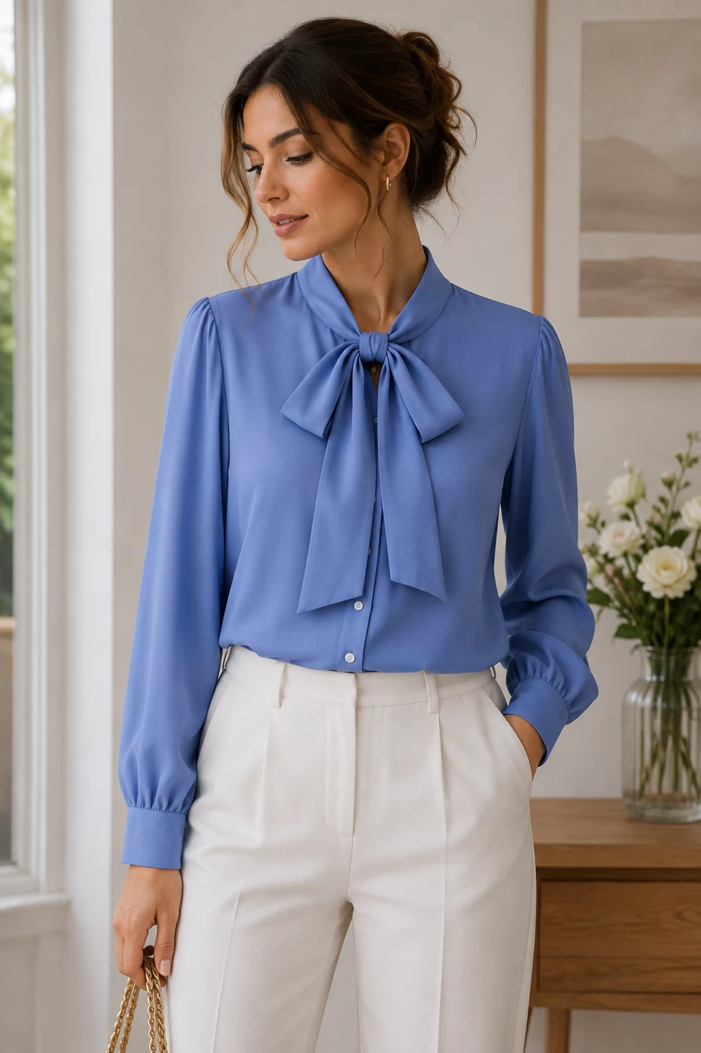 Ladies blue tie-neck blouse