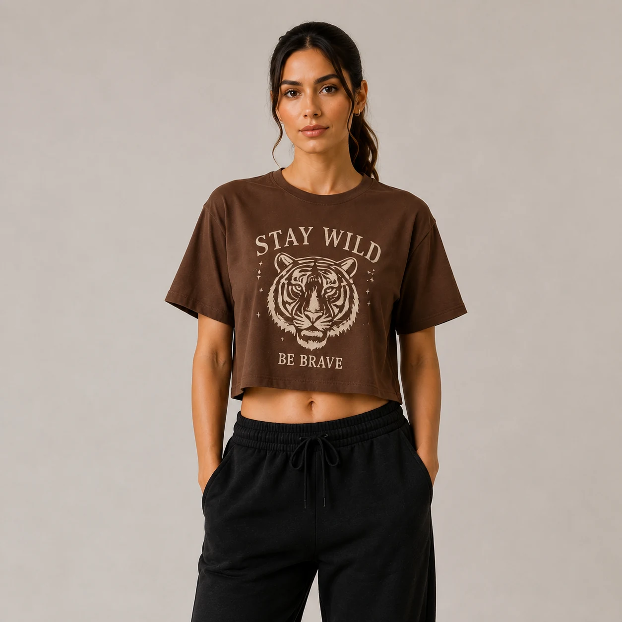 Ladies brown graphic crop T-shirt