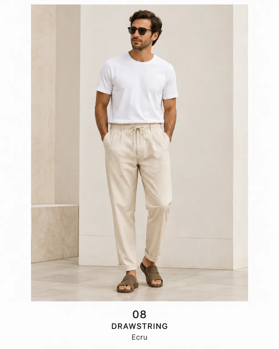 Men's cream drawstring chinos