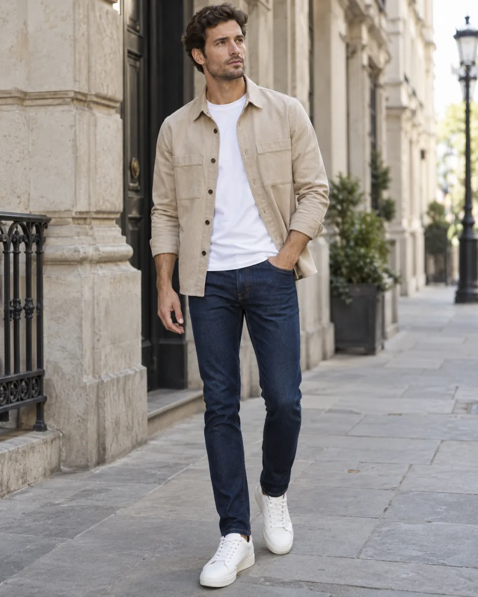 Men's dark jeans with casual overshirt