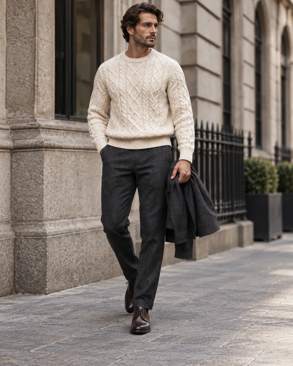 Men's cream cable-knit sweater
