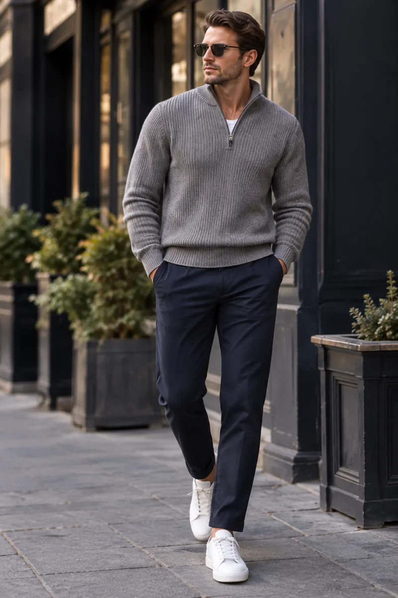 Men's grey quarter-zip sweater