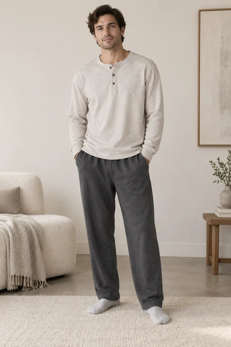 Men's neutral Henley and lounge trousers