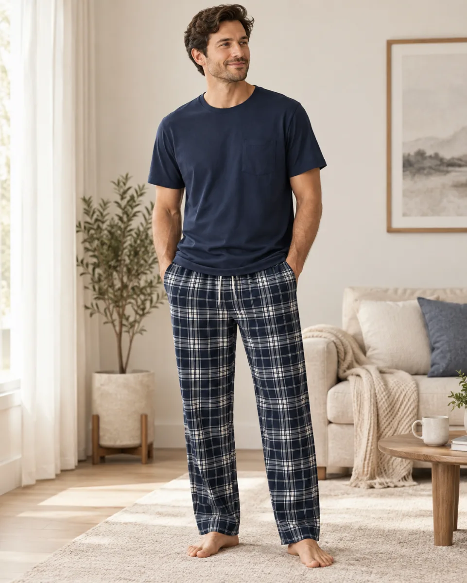 Men's navy T-shirt and checked lounge trousers
