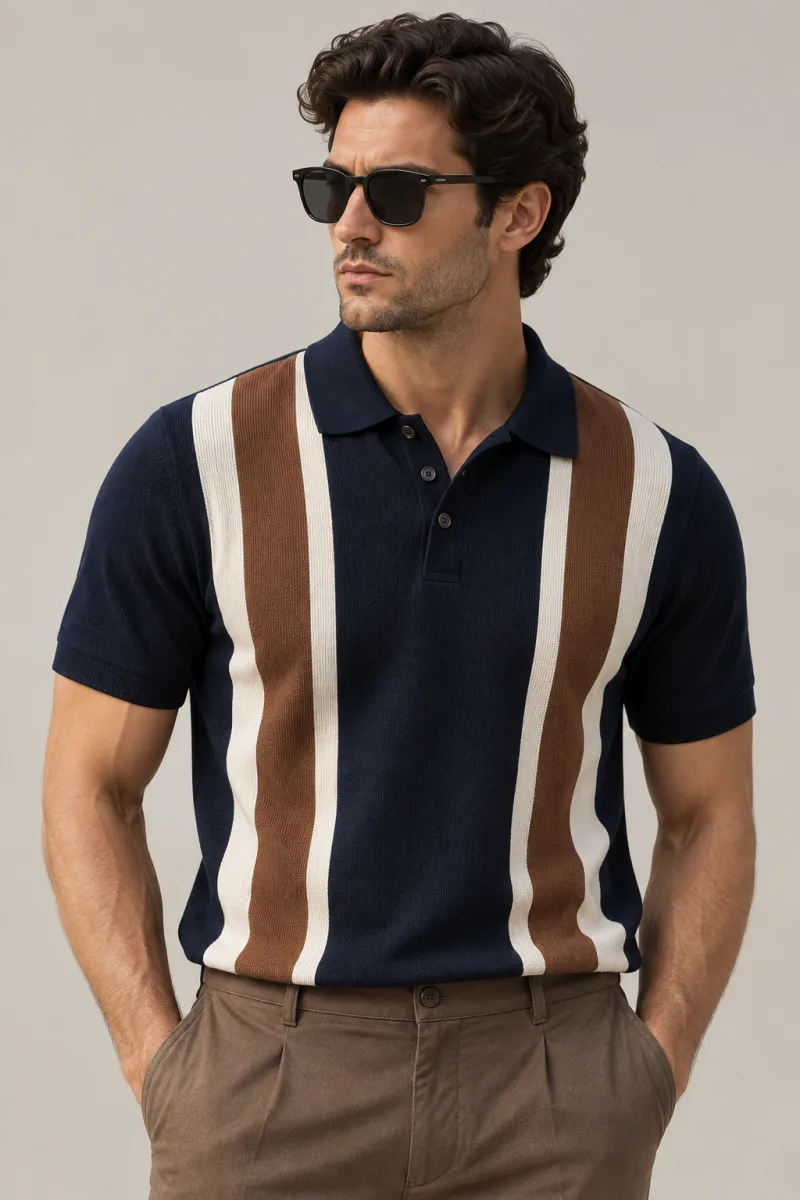 Men's navy striped knitted polo