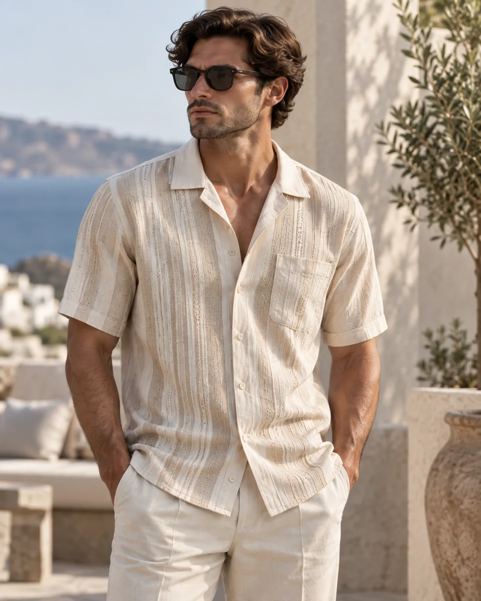 Men's neutral striped short-sleeve shirt