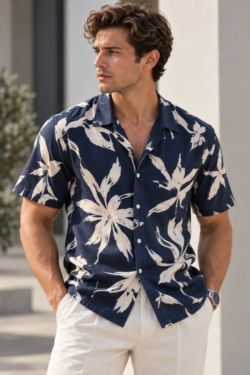 Men's navy floral resort shirt